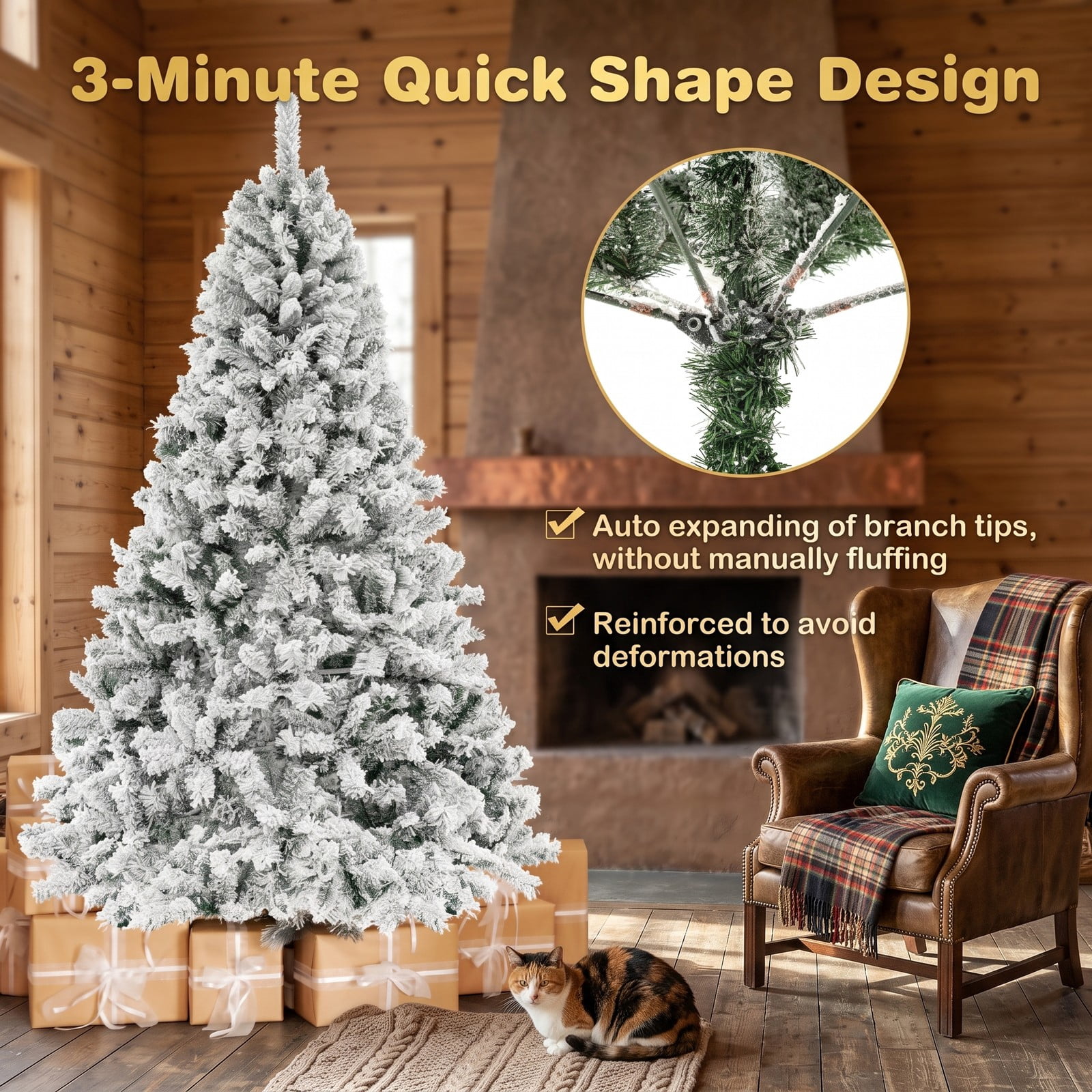 RUIE 7 FT Artificial Christmas Tree with 450 Warm White LED Lights, 3-Minute Quick Shape PVC Flocked Xmas Tree with Metal Stand for Holiday Home Office, Green & White