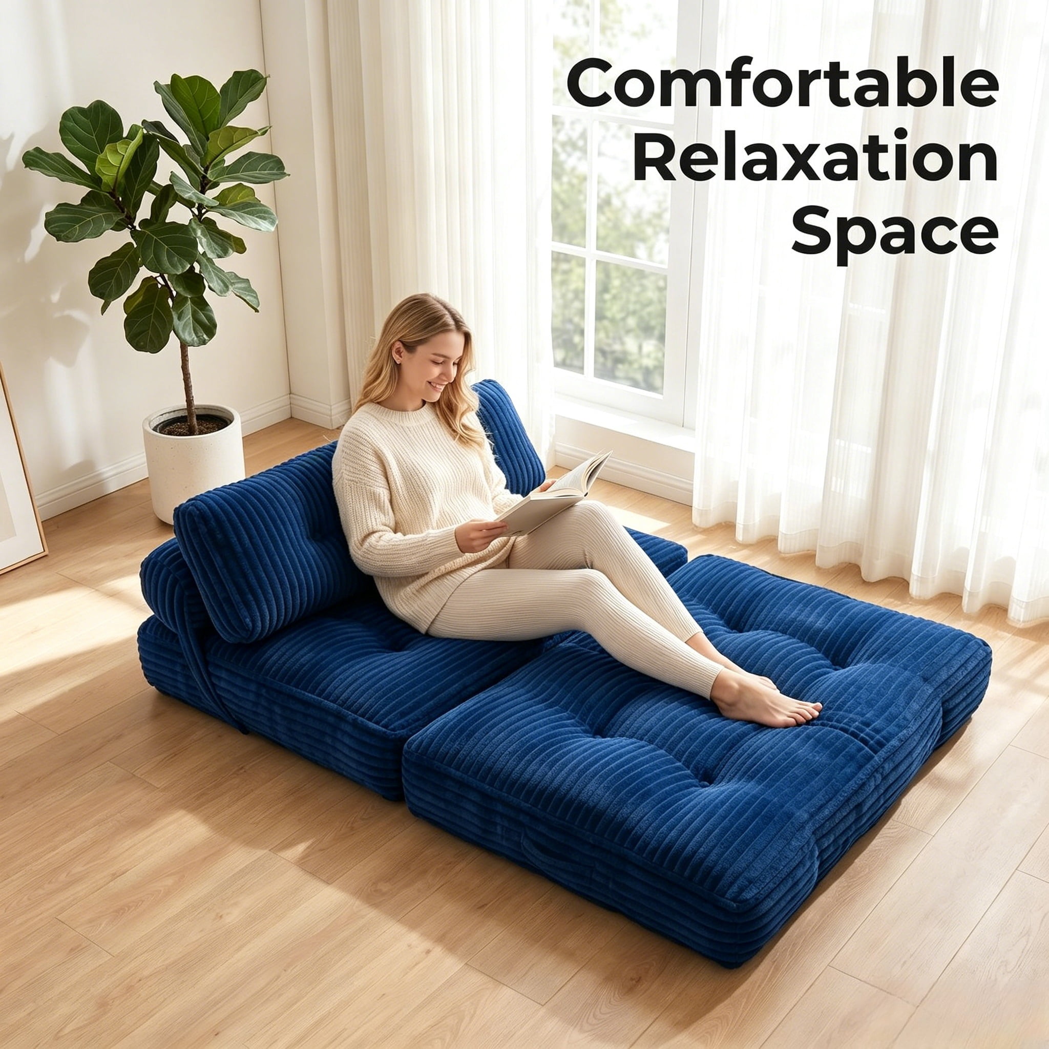 Howcool Corduroy Folding Sofa Bed,3 in 1 Convertible Sleeper Chair with Pillow & Lumbar Pillow,Boneless Floor Sofa Couch Lounge Chair for Living Room Dorm,Navy