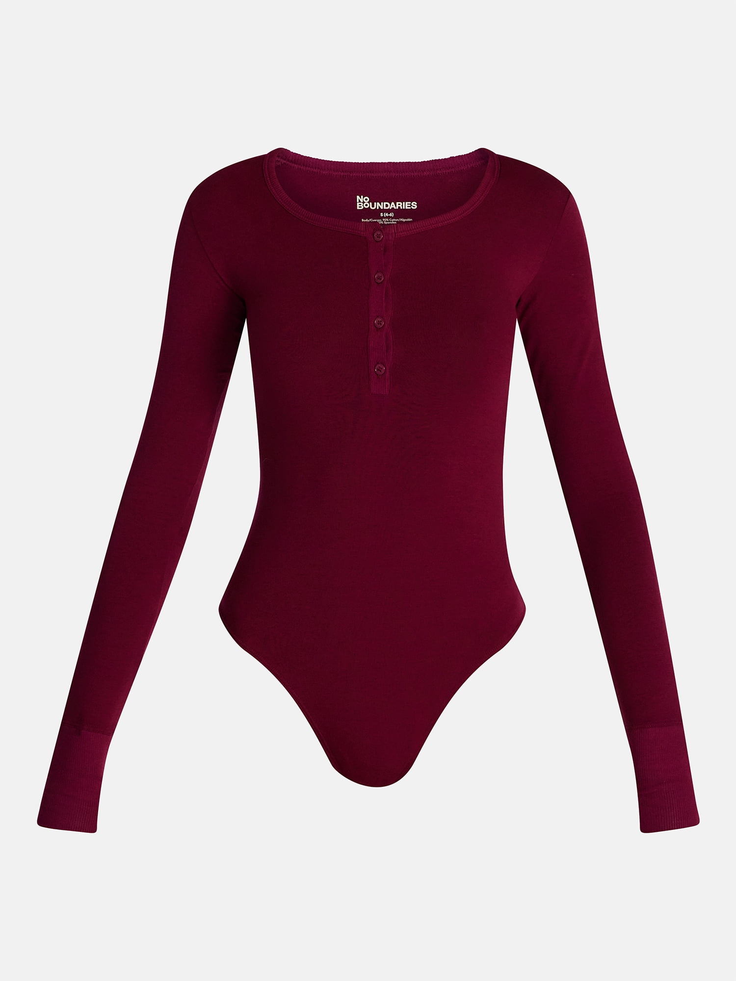 No Boundaries Cotton Stretch Jersey Henley Bodysuit with Long Sleeves, Women's XS-XXXL