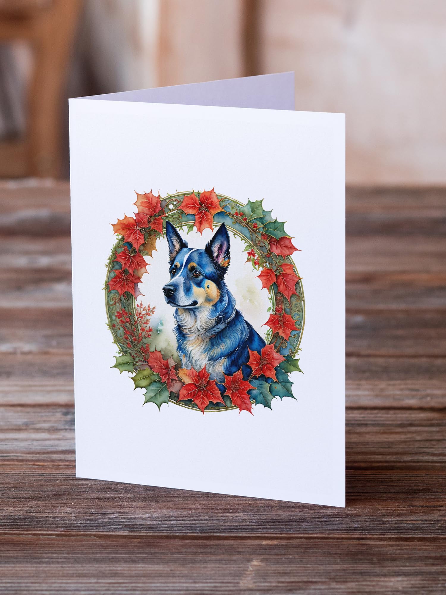 Australian Cattle Dog Christmas Flowers Greeting Cards Pack of 8 7 in x 5 in
