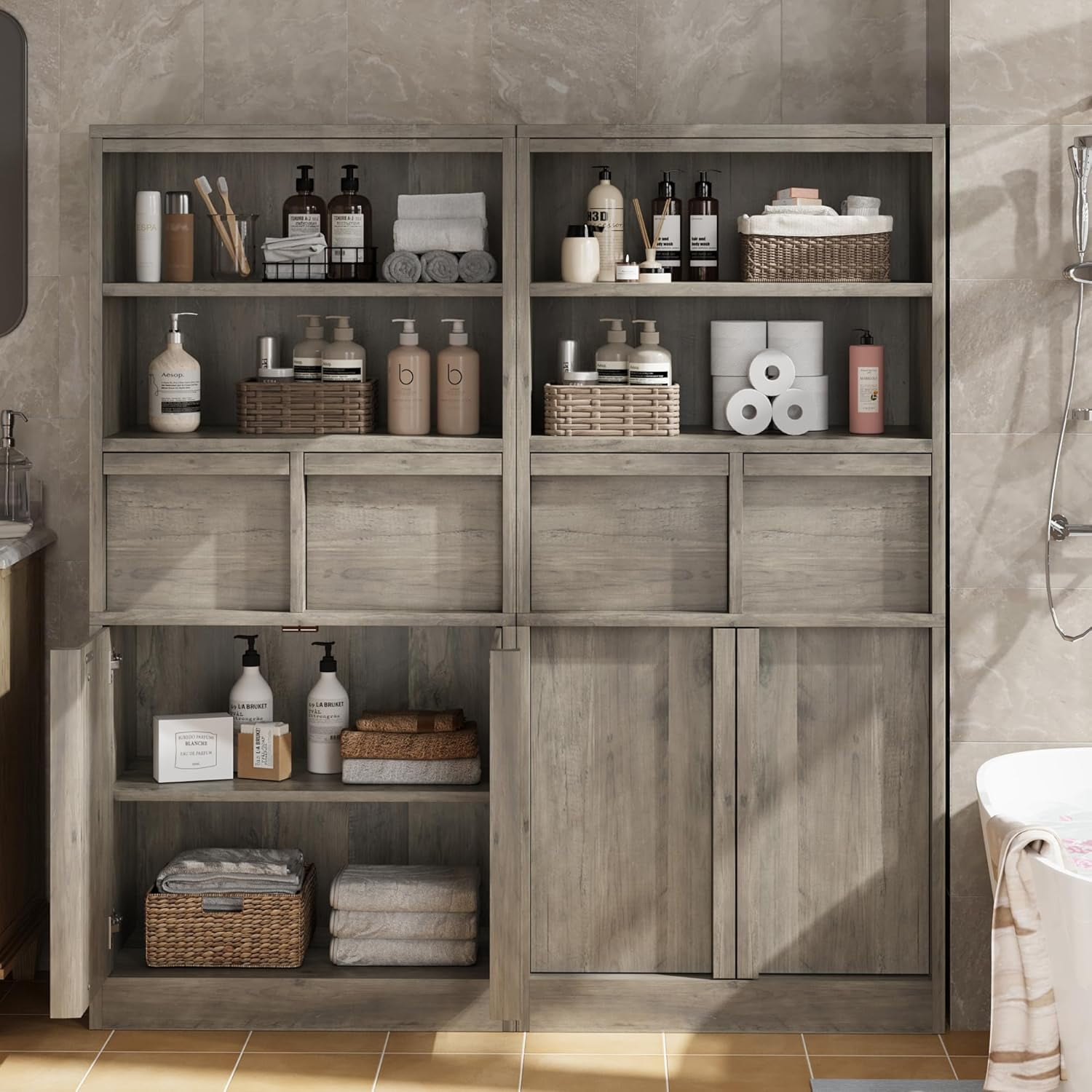 Tall Bathroom Cabinet, Floor Storage Cabinet with Doors & 2 Drawers, Narrow Storage Unit 51" H Tall Bathroom Organizer Cabinet Freestanding Floor Cabinet for Bathroom