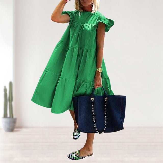 Vestido Camisero Fruncido Vestido informal de línea A para mujer, dobladillo grande, elegante, color sólido, ropa de playa de verano Ygjytge Verde M para Mujer