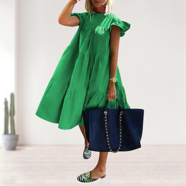 Vestido Camisero Fruncido Vestido informal de línea A para mujer, dobladillo grande, elegante, color sólido, ropa de playa de verano Cgtredaw L Verde para Mujer