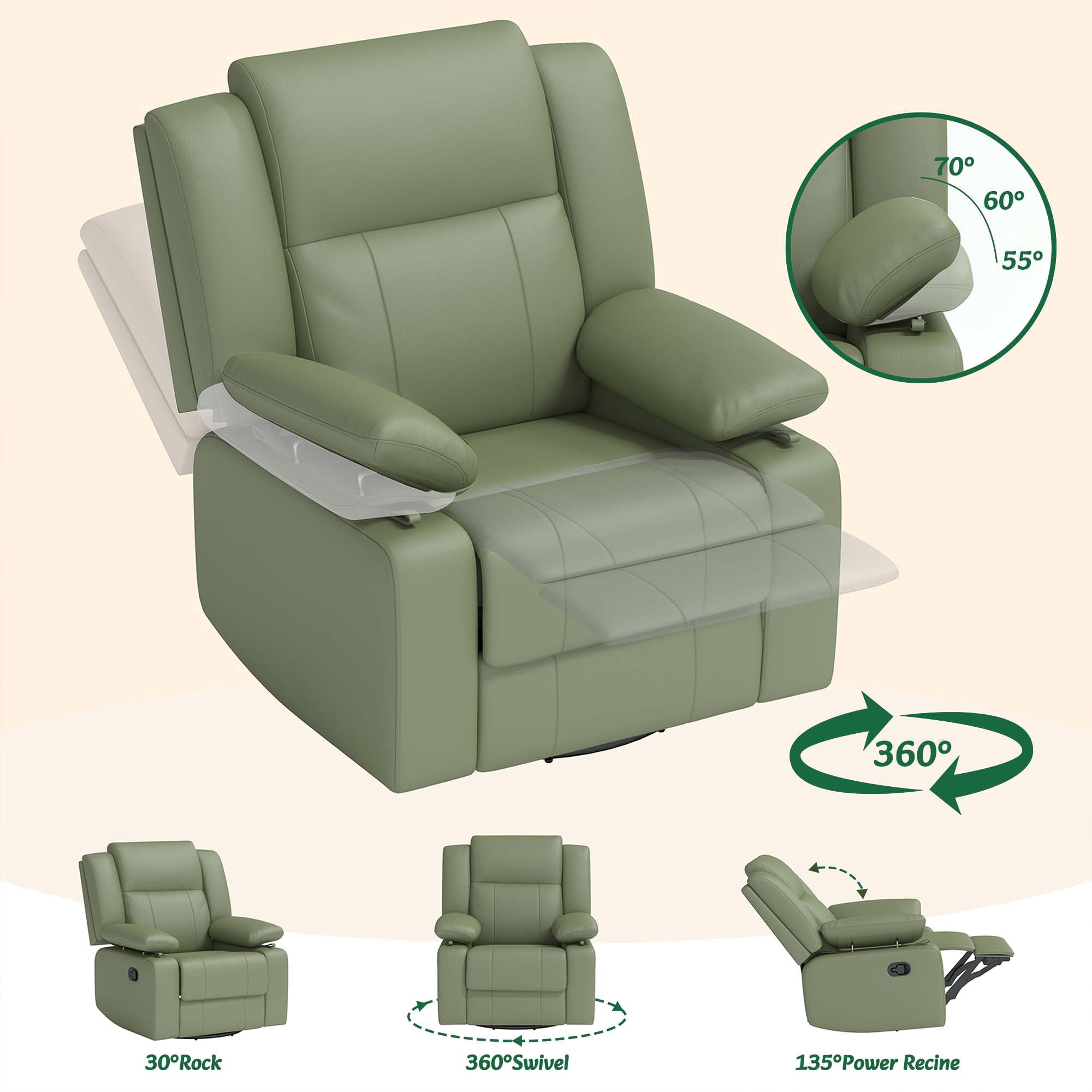 LAZZO Recliner Chair with Adjustable Armrest and Headrest, Upholstered Swivel Rocking Chair for Nursery & Living Room, Green