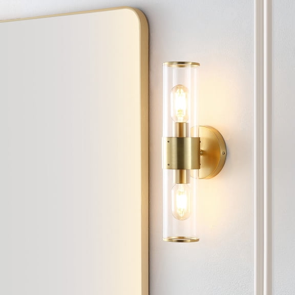JONATHAN Y Quinn 15.5" 2-Light Mid-Century Modern Iron/Acrylic LED Sconce, Brass Gold/Clear