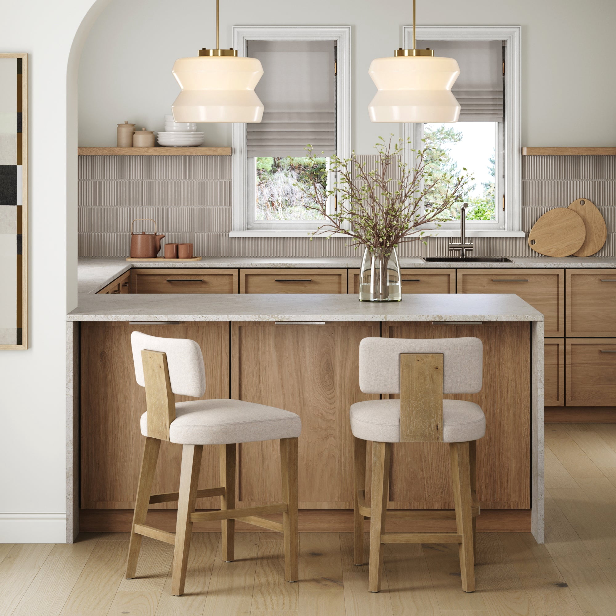 Nathan James Thalen Scandinavian Bentwood Counter Stools, Solid Wood Counter Stools Set of 2 with Flax Upholstery, Light Brown