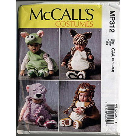 P312 Baby Infant Toddler Pull Over Animal Costume Sewing Pattern Size 1/2 to 4T Hippo Lion Horse Bear, Pattern and Instructions By McCalls