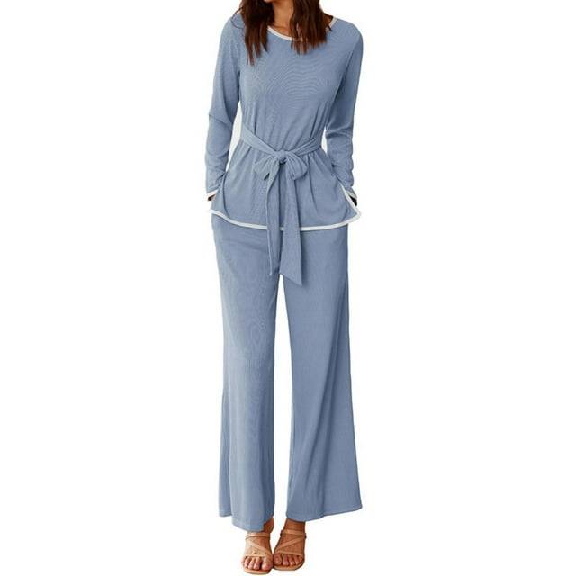 WILLBEST Womens Pants 2 Piece Sets Solid Color for Women Ribbed Tie Front Top Wide Leg Pants Matching Sets Tracksuits Fall Outfits Woman's Pants
