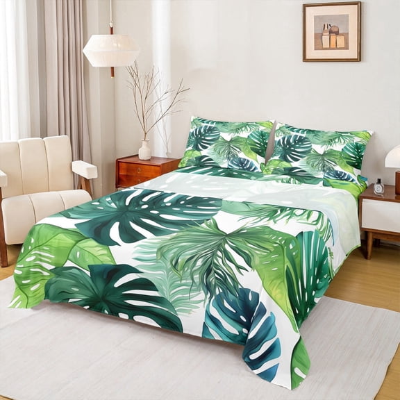jejeloiu Tropical Monstera Leaf Twin Sheet Sets,Plam Plant Twin Fitted Sheet,Green White Flat Sheet For Adults,Breathable Home Decor,3pcs