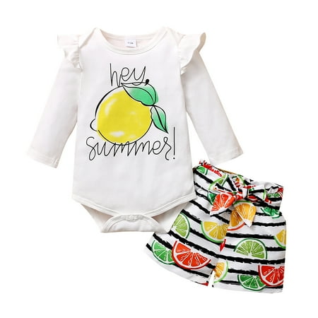 

Toddler Baby Girl Clothes Baby Girl Outfits Ruffle Long Sleeve Lemon Print Romper Tops Shorts 2PCS Outfits White 12-18 Months