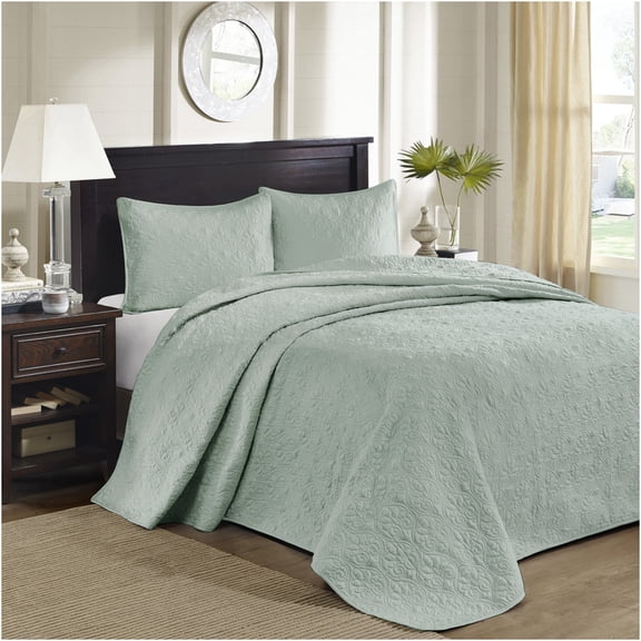 JERFIT Reversible Quilted Bedspread Set, Full Size, Seafoam Green, Oversized 3-Piece Cotton Blend Comforter with Shams, Antimicrobial
