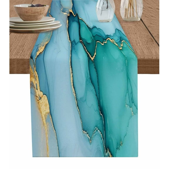 Marble Teal Yellow Table Runner 48 Inches, Modern Art Ink Painting Bed Runner Dresser Scarves Tabletop for Indoor Outdoor Parties/Ceremony/Banquet, 13" x 48"