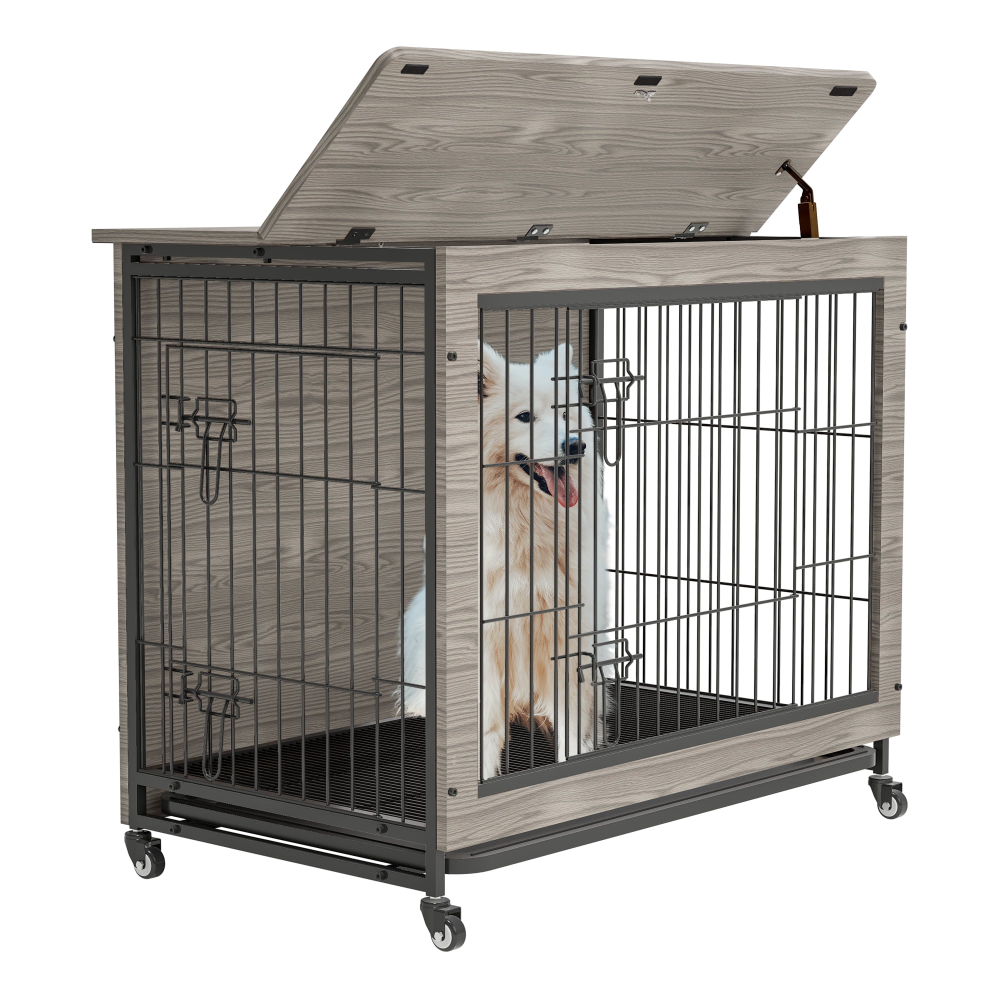 Pefilos 38.3"L Wood Dog Crate Furniture with Cushion, Double-Doors Dog Cag for Indoor, Dog House, Dog Kennel for Small Dogs, Gray Pefilos 38.3"L Wood Dog Crate Furniture with Cushion, Double-Doors Dog Cag for Indoor, Dog House, Dog Kennel for Small Dogs, Gray