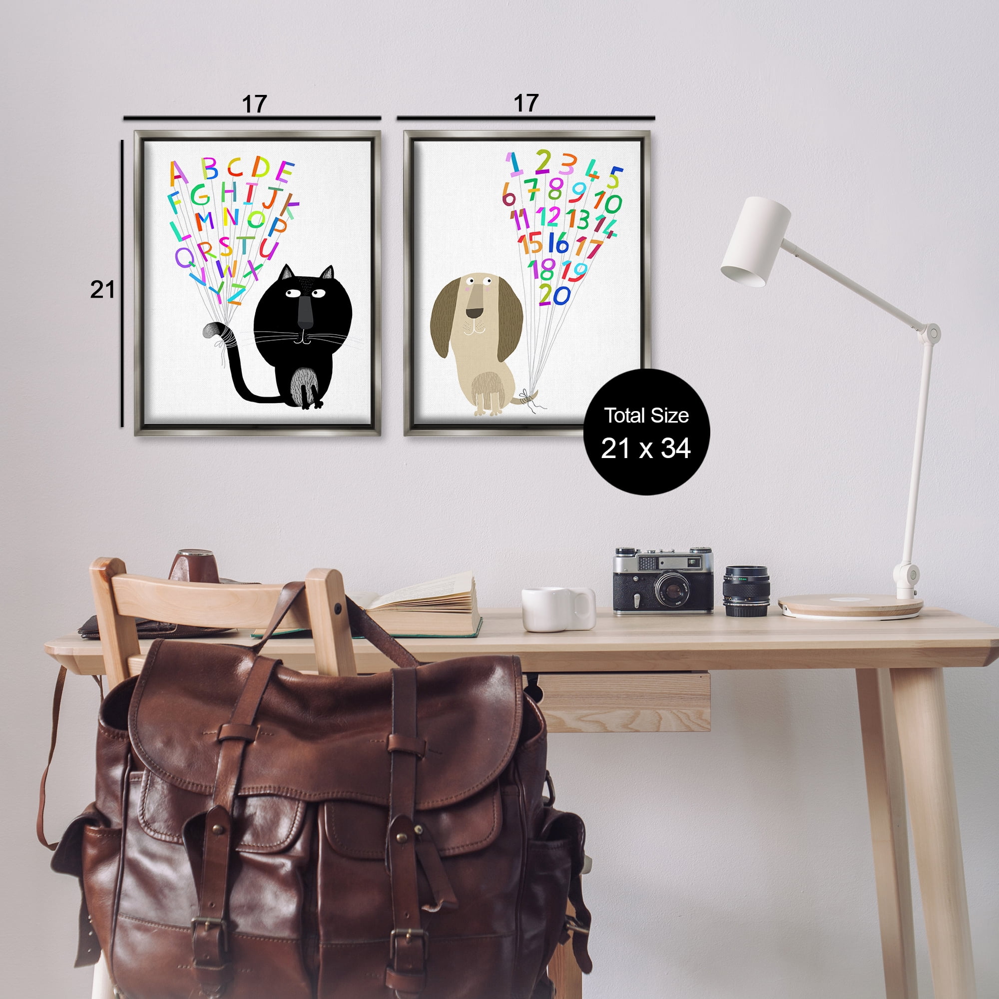 Stupell Industries Cat Dog Alphabet Numbers Education Painting Gray Floater Framed Canvas Art Print Wall Art, 17 x 21, Set of 2