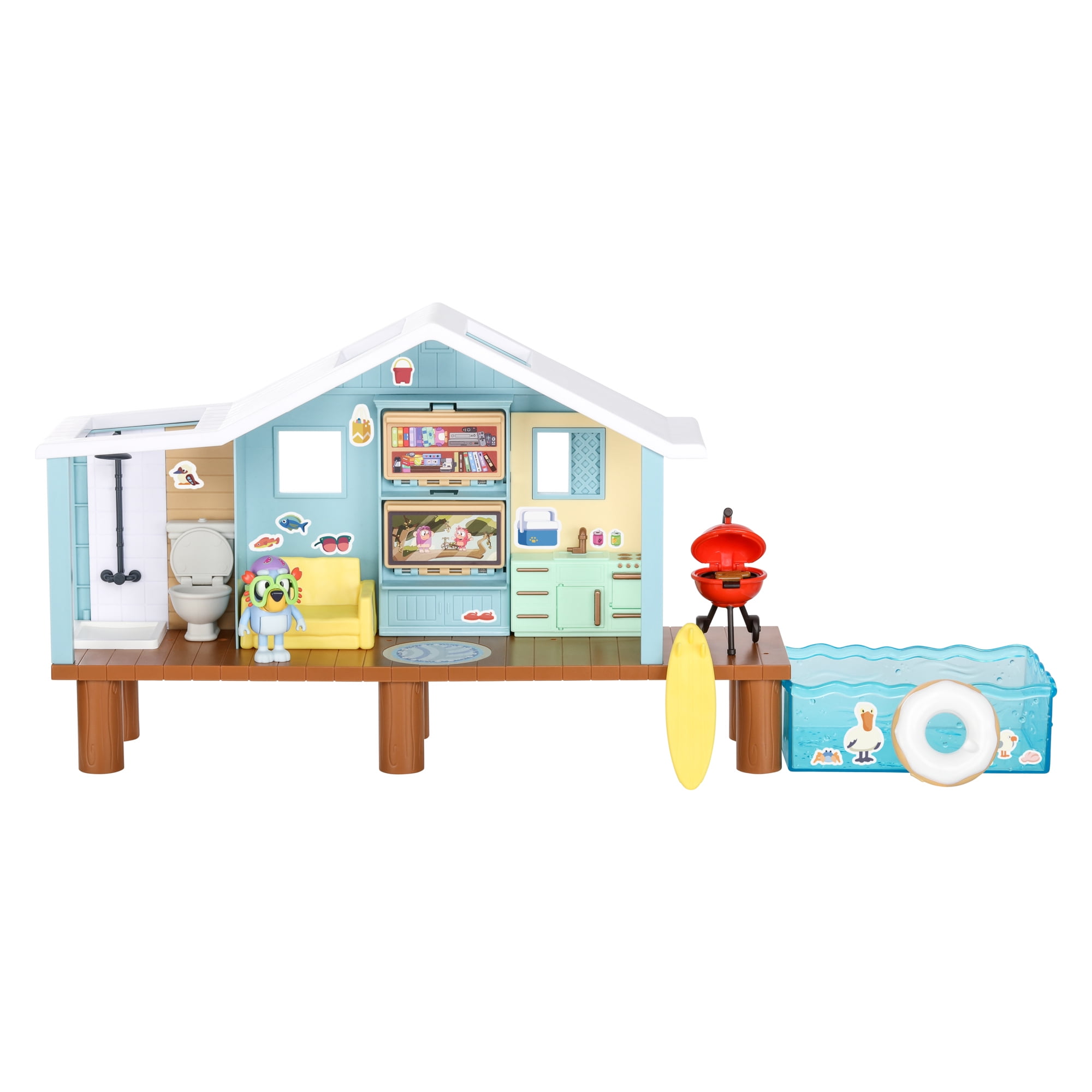 Bluey, Beach Cabin Playset, Includes Figure with Goggles, 10 Pieces, Toddler Toy