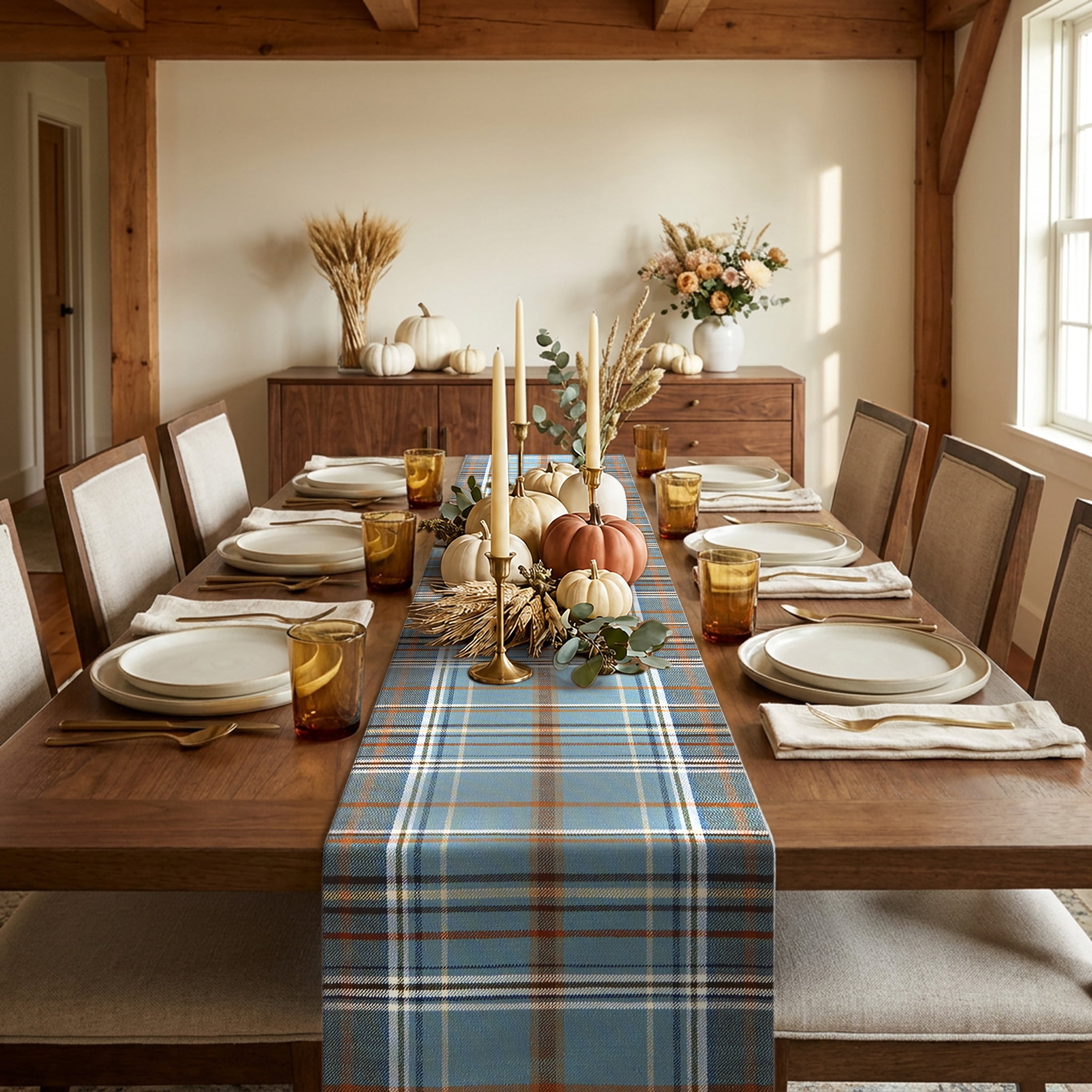 Harvest Plaid 13" x 72" Table Runner - 100% Cotton, Blue