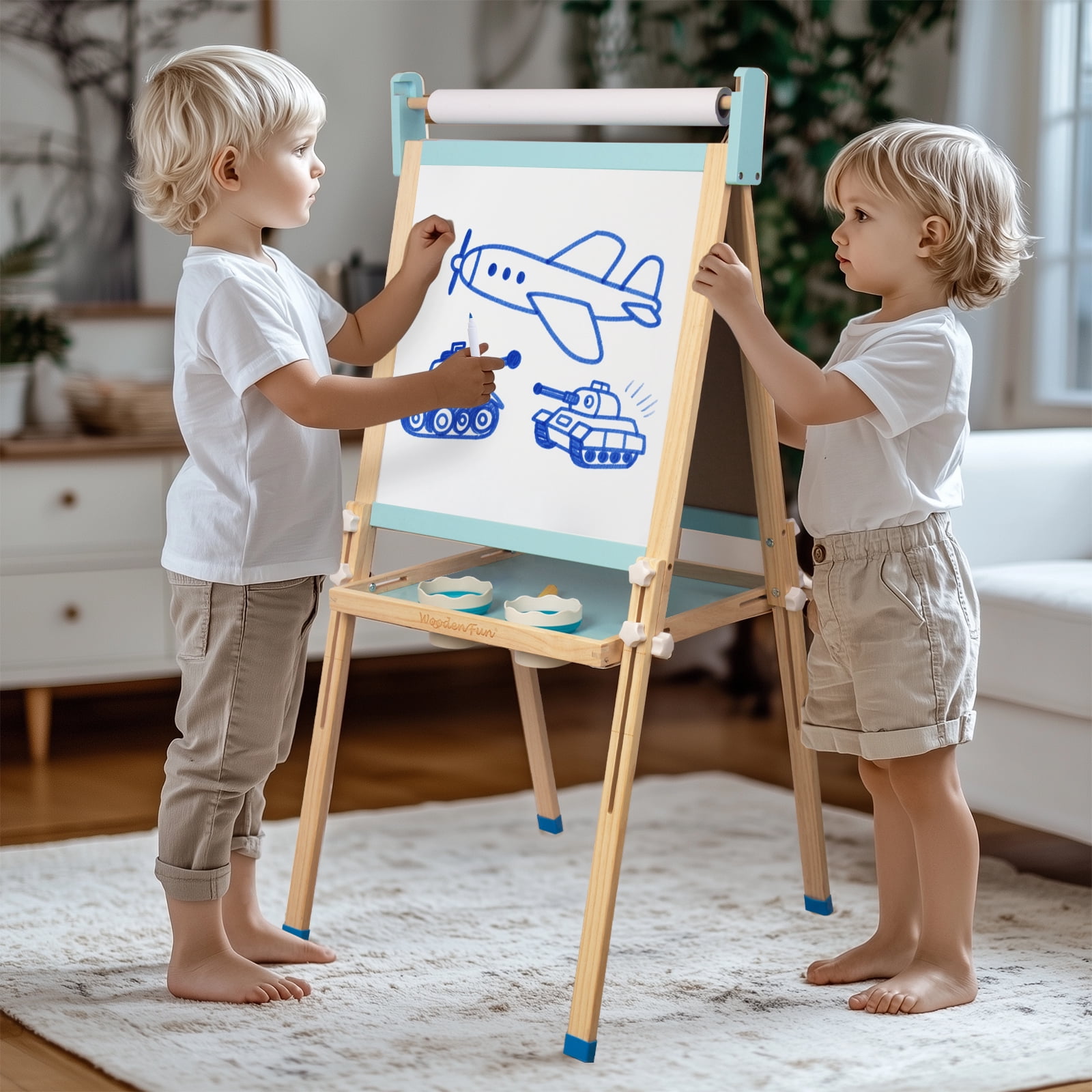 Kids Wooden Easel with Paper Roll, Adjustable Magnetic Double Sided Drawing Board Whiteboard & Chalkboard Dry Easel Board, Children Art Easel for 3-12 Years Kids Boys Girls Painting Drawing