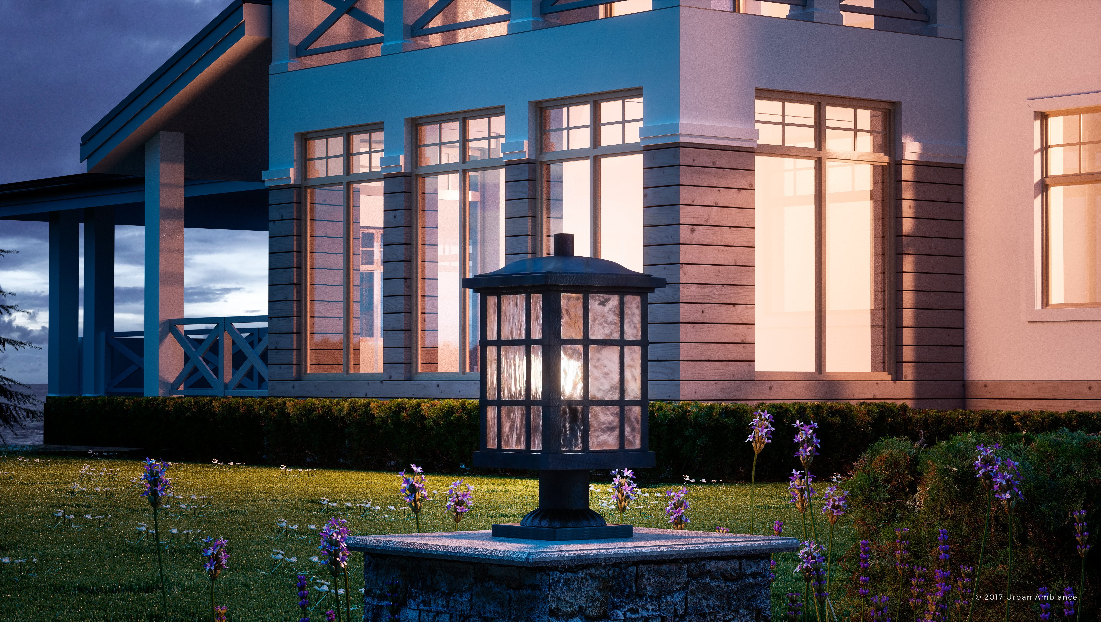 Urban Ambiance Luxury Craftsman Outdoor Post Light, Medium Size: 16.5"H x 9.5"W, with Tudor Style Elements, Highly-Detailed Design, High-End Black Silk Finish and Water Glass, UQL1246