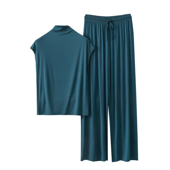 Lopecy-Sta Summer Pajamas for Women Summer Home Wear Cooling Pajamas Matching Summer Sets Loose Solid Color High Neck Sleeveless T-Shirt Lounge Set Women