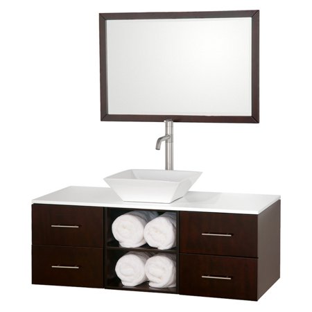 Wyndham Collection Abba 48 inch Single Bathroom Vanity in Espresso, White Man-Made Stone Countertop, Pyra White Porcelain Sink, and 36 inch Mirror