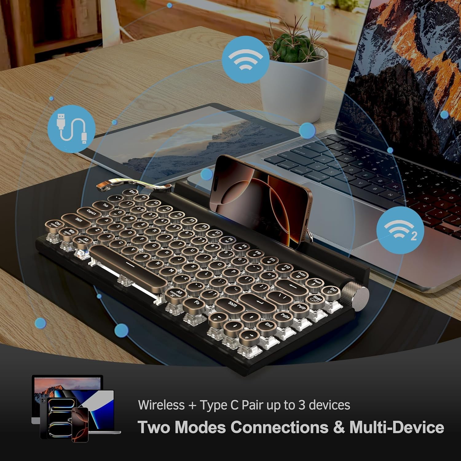 Retro Typewriter Wireless Mechanical Gaming Keyboard, Bluetooth 5.0 Office Computer Vintage Keyboards 83-Key Blue Switches Punk Round Keycap, LED Backlight, Compatible with PC/Laptop/Pad/Phone, White