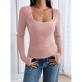 thumbnail image 4 of Womens Long Sleeve Shirts Square Neck Ribbed Knit Crop Tops Fall Outfits Fashion Clothes Lotus Root Pink L, 4 of 9