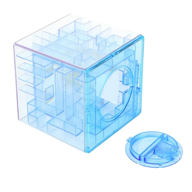 alcancía jadeshay mini innovadora con laberinto integración perfecta hucha azul, vista 3/4 de cubo plástico translúcido con laberinto interno y tapa circular retirada; aprox. 9x9x9 cm y 170 g, hucha rompecabezas que se desbloquea inclinando y moviendo un control deslizante para liberar monedas, adecuada como regalo y para fomentar ingenio y hábito de ahorro en niños.