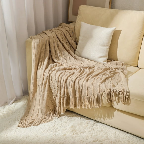 Birdeem Knitted Throw Blanket for Couch, Soft Living Room Home Decor Knitted Blanket with Tassel, Outdoor Lightweight Breathable Summer Blanket, Farmhouse Warm Woven Decorative, 50"X69",Khaki