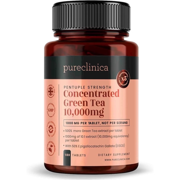PureClinica Concentrated Green Tea 10,000mg – 180 Tablets (6-Month Supply) – High Potency Antioxidant Support with EGCG