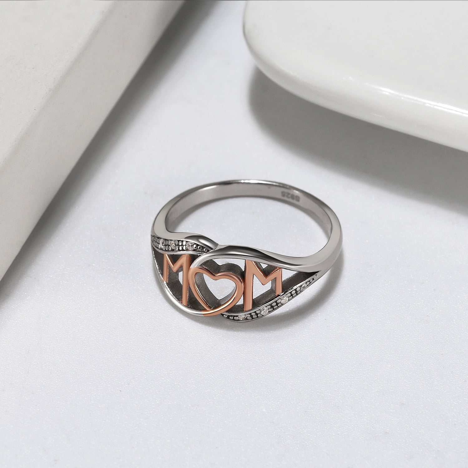 Mom Heart Ring White and Rose Gold Plated Sterling Silver Womens Ginger Lyne Collection