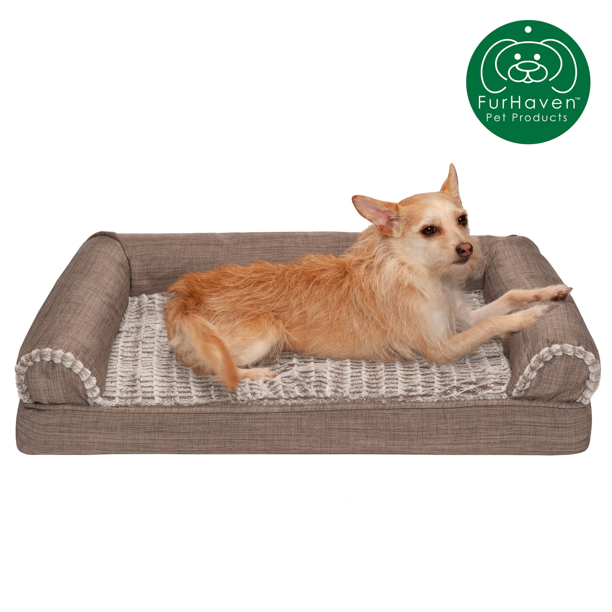 FurHaven Pet Products | Orthopedic Luxe Fur & Performance Linen Sofa-Style Couch Pet Bed for Dogs & Cats, Woodsmoke, Medium