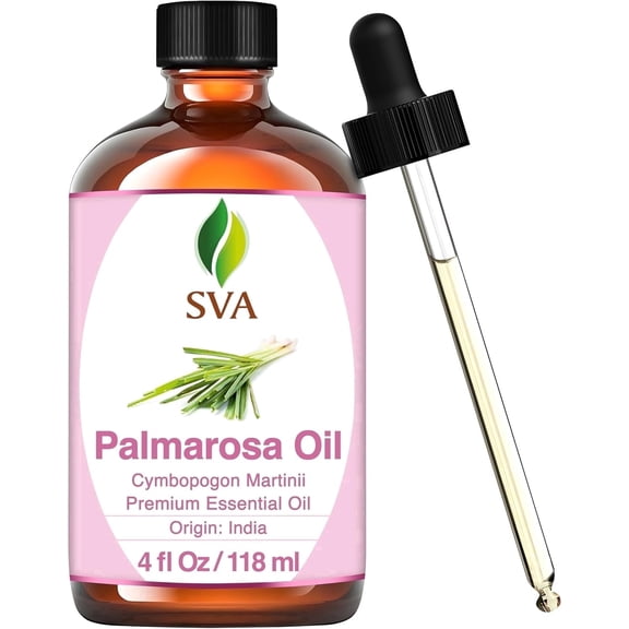 SVA Palmarosa Essential Oil – 4 Fl Oz – 100% Natural Palmarosa Oil - for Diffuser, Hair Care, Face, Skin Care, Aromatherapy, Scalp and Body Massage, Soap and Candle Making – with Dropper
