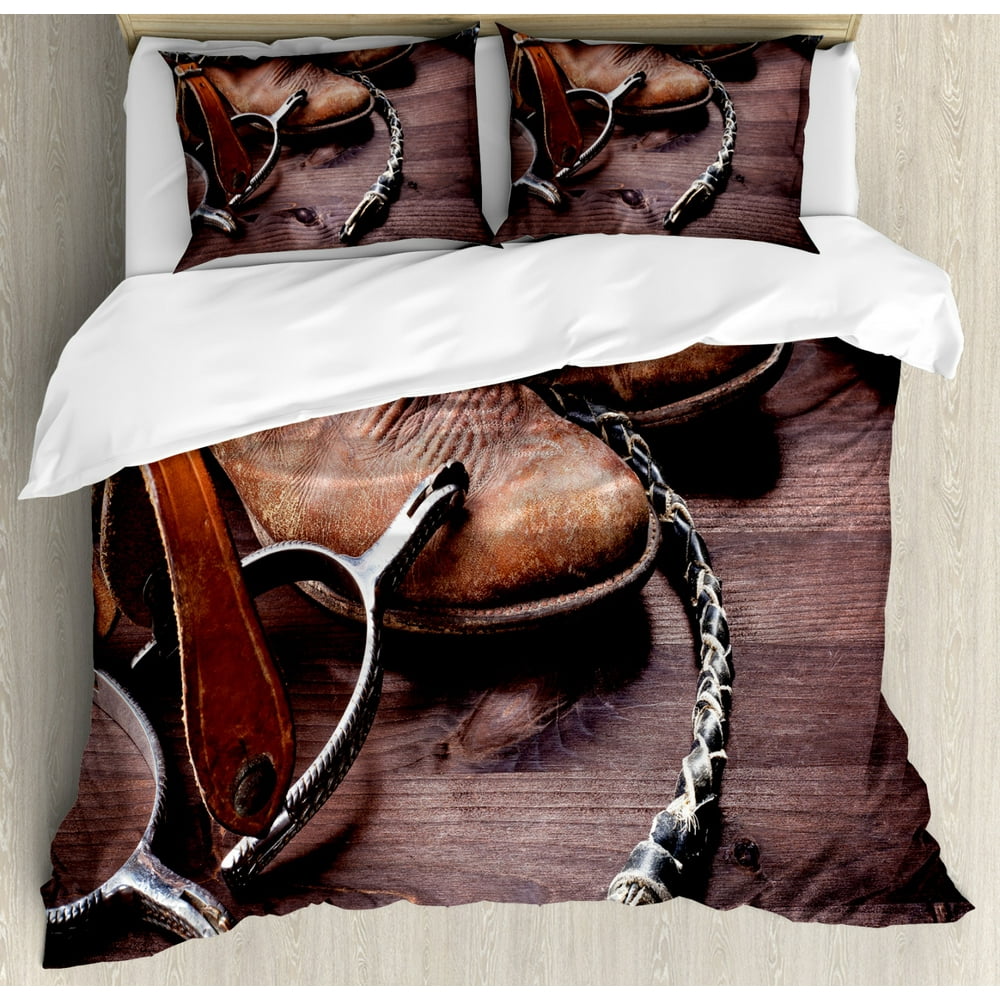 Western Duvet Cover Set, Authentic Old Leather Boots and Spurs Rustic