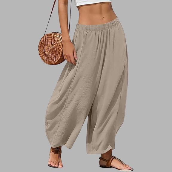 Xdegoge Baggy Harem Pants for Women Elastic Waist Lantern Trousers Casual Flowy Wide Leg Lounge Bottoms Summer Beachwear