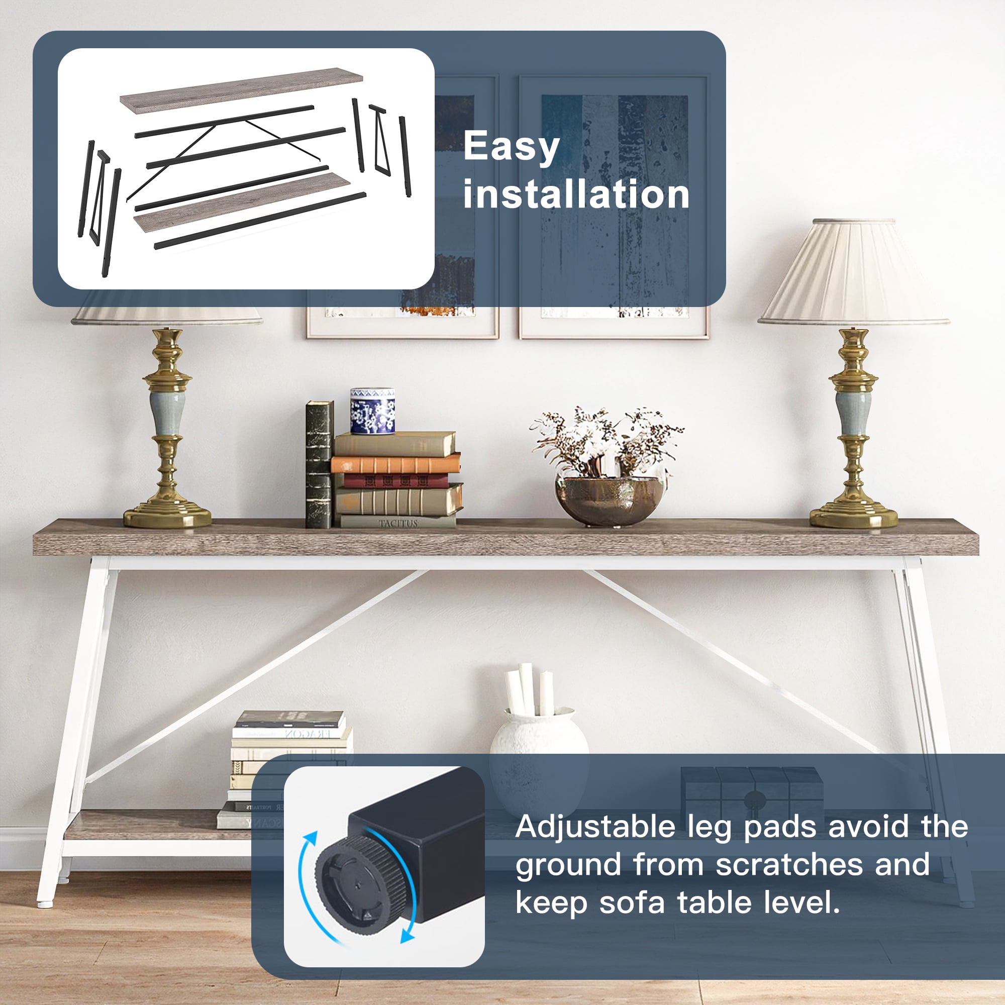 Demi Bonn 70.9" Console Table, Rustic Vintage Narrow Sofa Table for Entryway, Living Room, Hallway, Gray & Black