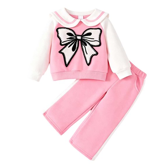 Pandaie Big Bow Embroidery Sweatsuit for Toddler Girls Raglan Doll Neck Sweet Clothes Outfit 3T 4T 5T 6T Kids School Pullover Tracksuit White,5 Years