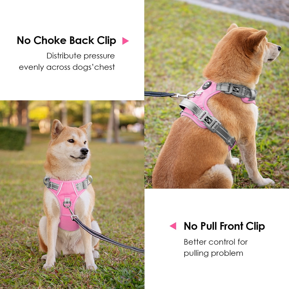 PHOEPET No Pull Dog Harness, Unique Colors Reflective Adjustable Dog Vest, with Soft Training Handle Metal Clips for Small Medium Large Dogs (Baby Pink Base & Grey Straps)