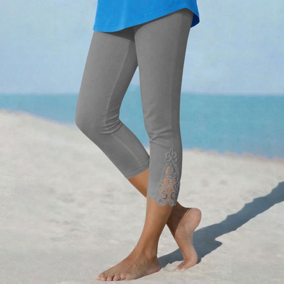 Karymi Shorts for Women Solid Cropped Leggings, Elastic Waist, Floral Lace Hem Capri Pants Casual Stretch Trousers