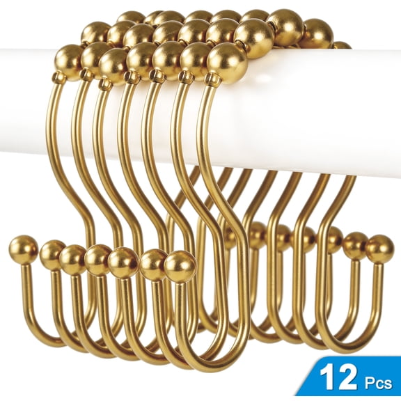 12 Pack Roller Ball Shower Curtain Hooks, Double Sided Curtain Hooks, Rust‑Proof Shower Hooks, Gold Bathroom Curtain Hanging Rings for Shower Rod