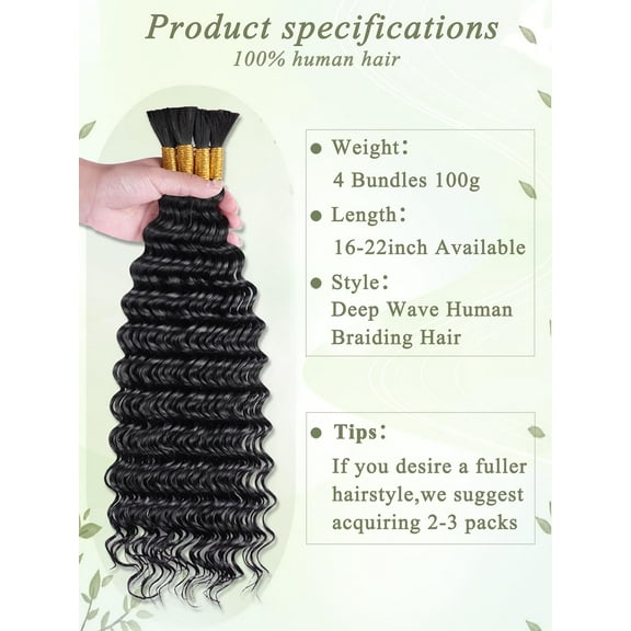 WEIF-Human Braiding Hair for Boho Braids 18 Inch 100 g 4 Bundles Deep Wave Bulk Human Hair for Braiding No Weft 10A Curly Human Hair Extensions for Braids Wet and Wavy Braid