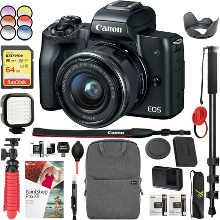 Canon EOS M50 Mirrorless Camera with 4K Video and EF-M 15-45mm Lens Kit (Black) Bundle with Backpack Monopod SanDisk 64GB SDXC Memory Card and Battery