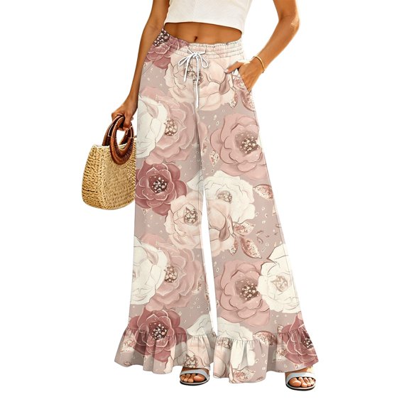 Sewkxo Womens Wide Leg Pants Drawstring Elastic High Waisted Ruffle Hem Palazzo Pants with Pockets,Red 2XL