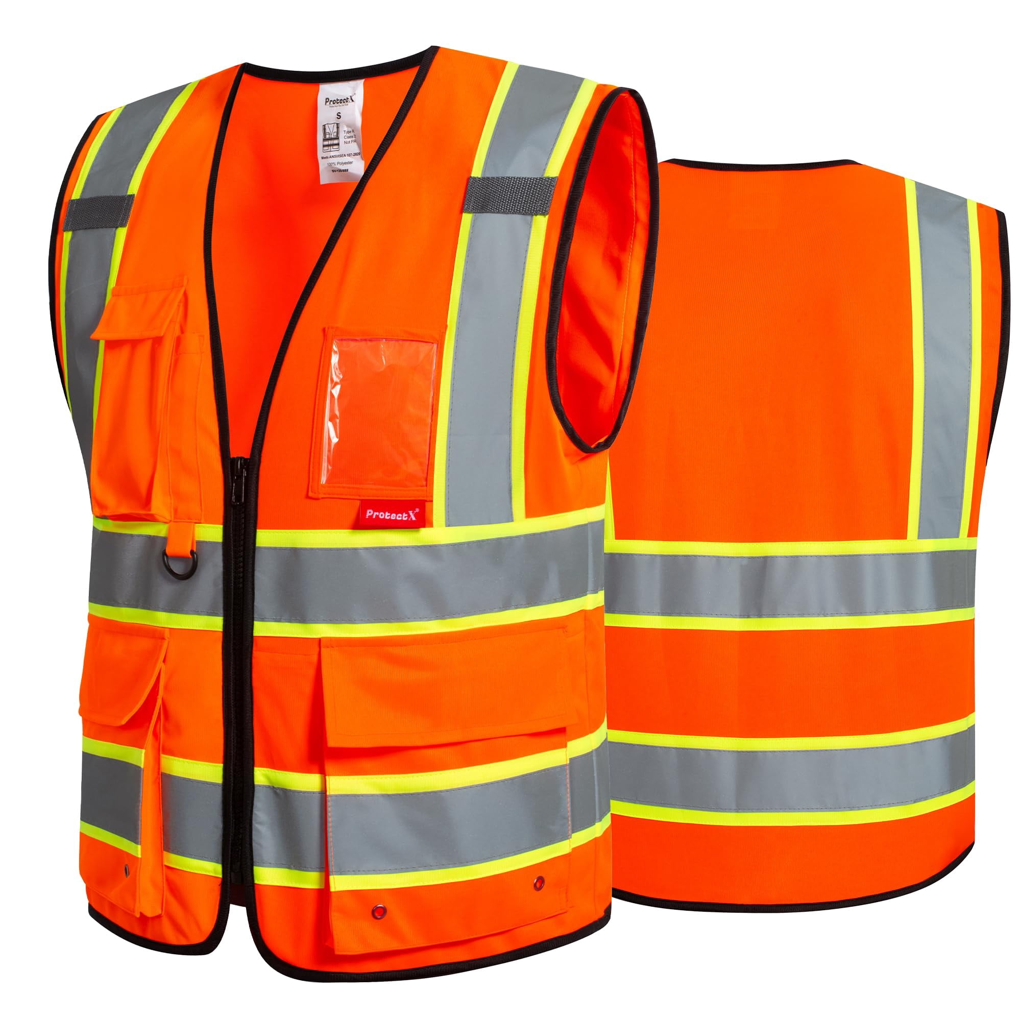 ProtectX Hi Vis Reflective Safety Vest for Men Women High Visibility Construction Work Vest with Pockets Zipper Class 2 Orange Large