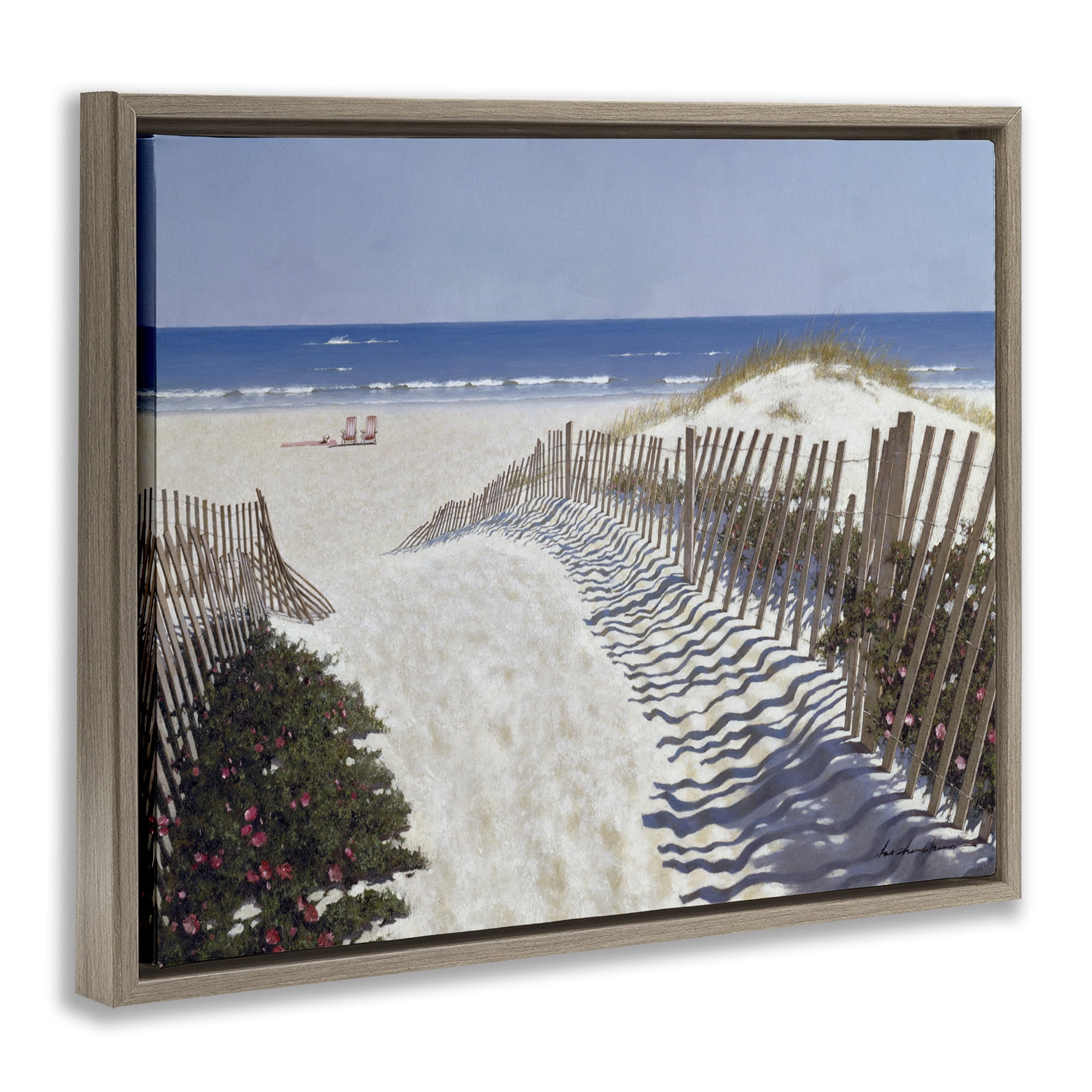 Stupell Industries Fenced Pathway to Beach Nature Painting Brown Floater Framed Canvas Art Print Wall Art, 21 x 17