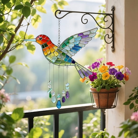 Sea Glass Rainbow Bird Wind Chime, Hummingbird Suncatcher Outdoor Garden Ornament, Stained Glass Window Hanging, Home Decoration, Gift for Nature Lovers