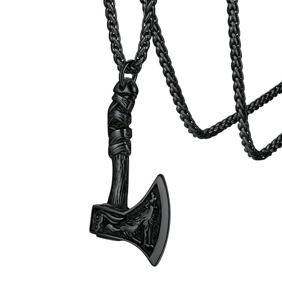 FaithHeart Norse Viking Axe Pendant Necklace for Men Black Stainless Steel Howling Wolf Nordic Mythology Battle Hatchet Jewelry Gift for Dad Son Birthday Father's Day