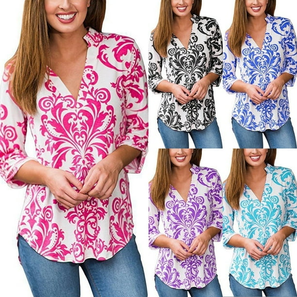 New Women Ladies Boho Floral V Neck Top Long Sleeve Loose Casual T Shirt  Blouse