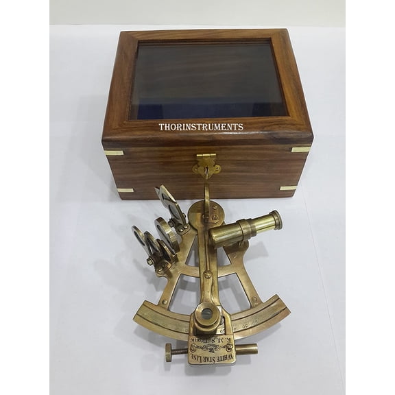 Thor Instruments Nautical Titanic White Star Lines Sextant, 5", Antique Brass With Wooden Box on Glass