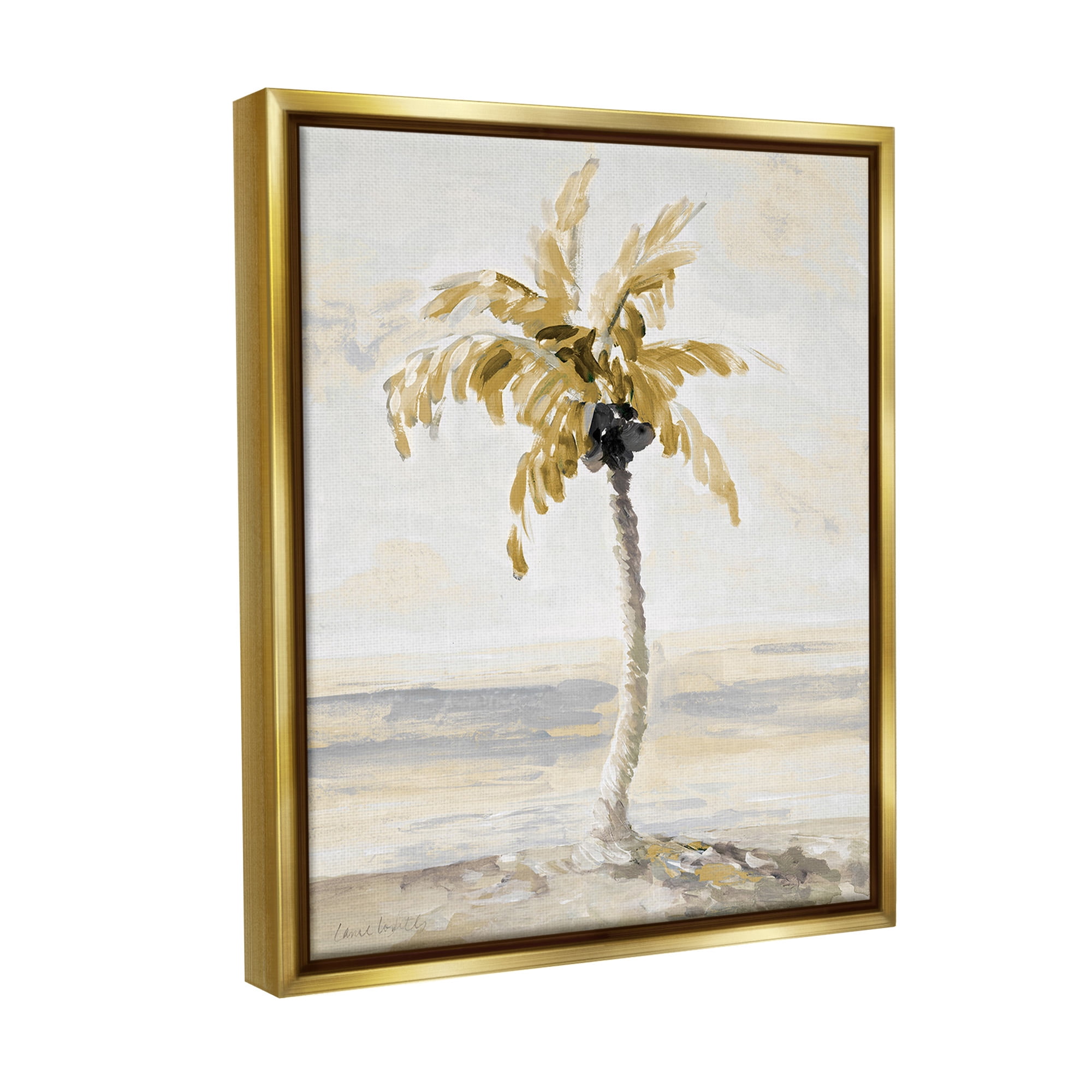 Stupell Industries Neutral Lone Palm Tree Landscape Painting Gold Floater Framed Canvas Art Print Wall Art, 25 x 31