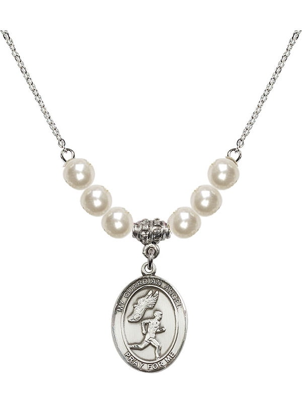 Bonyak Jewelry 18 Inch Rhodium Plated Necklace w// 6mm Faux-Pearl Beads and Guardian Angel//Track/&Field-Women Charm